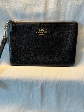 Coach Black Pebbled Leather Large Wristlet with Gold Hardware